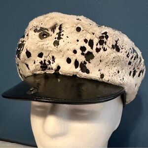 Vintage PLATANIA Italy Womens Newsboy Hat Faux Fur Black &Ivory Spotted Ink blot